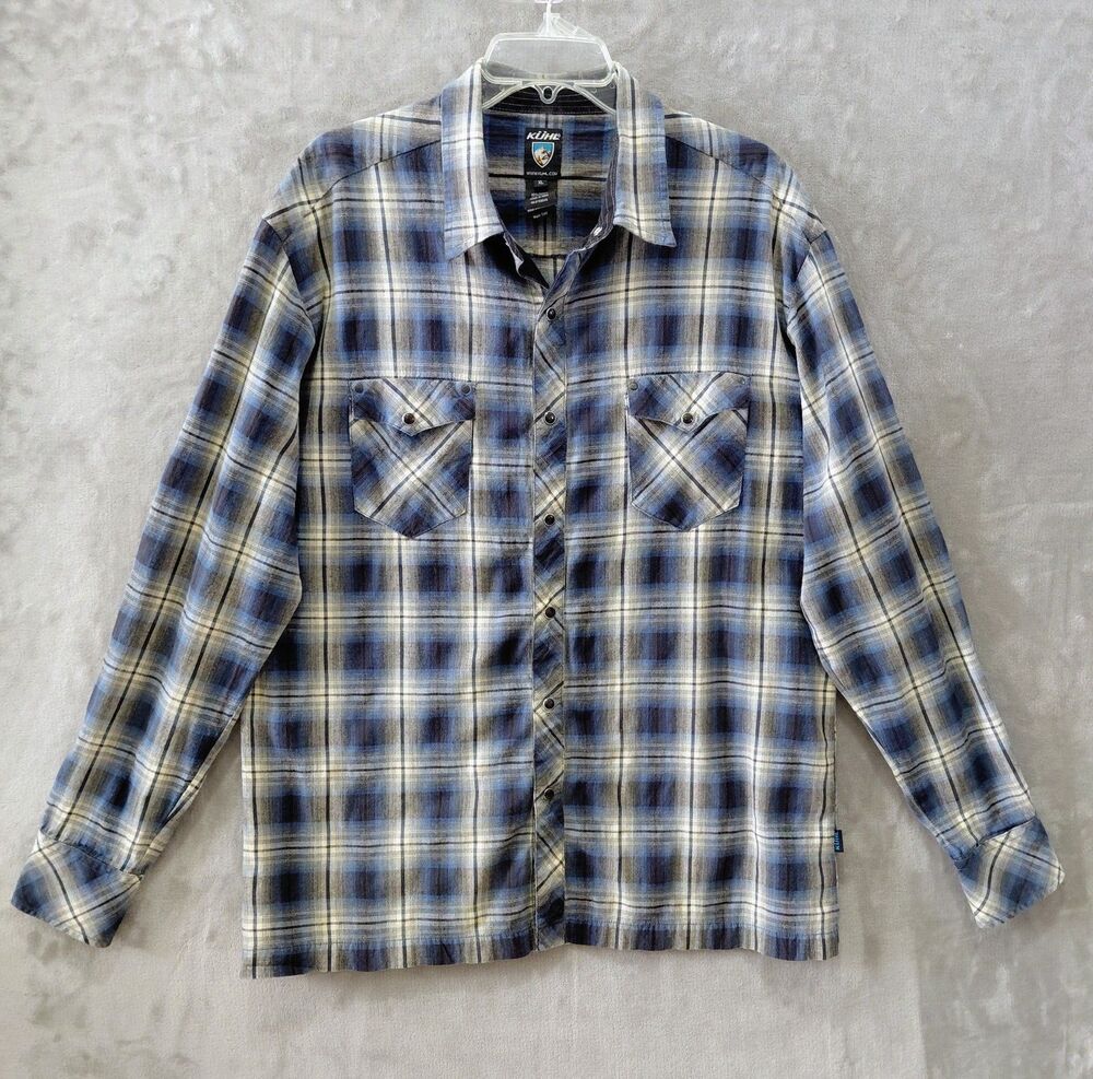 KUHL Pearl Snap Flannel Shirt Men's XL Chest Flap Pockets Blue Black Outdoor EUC